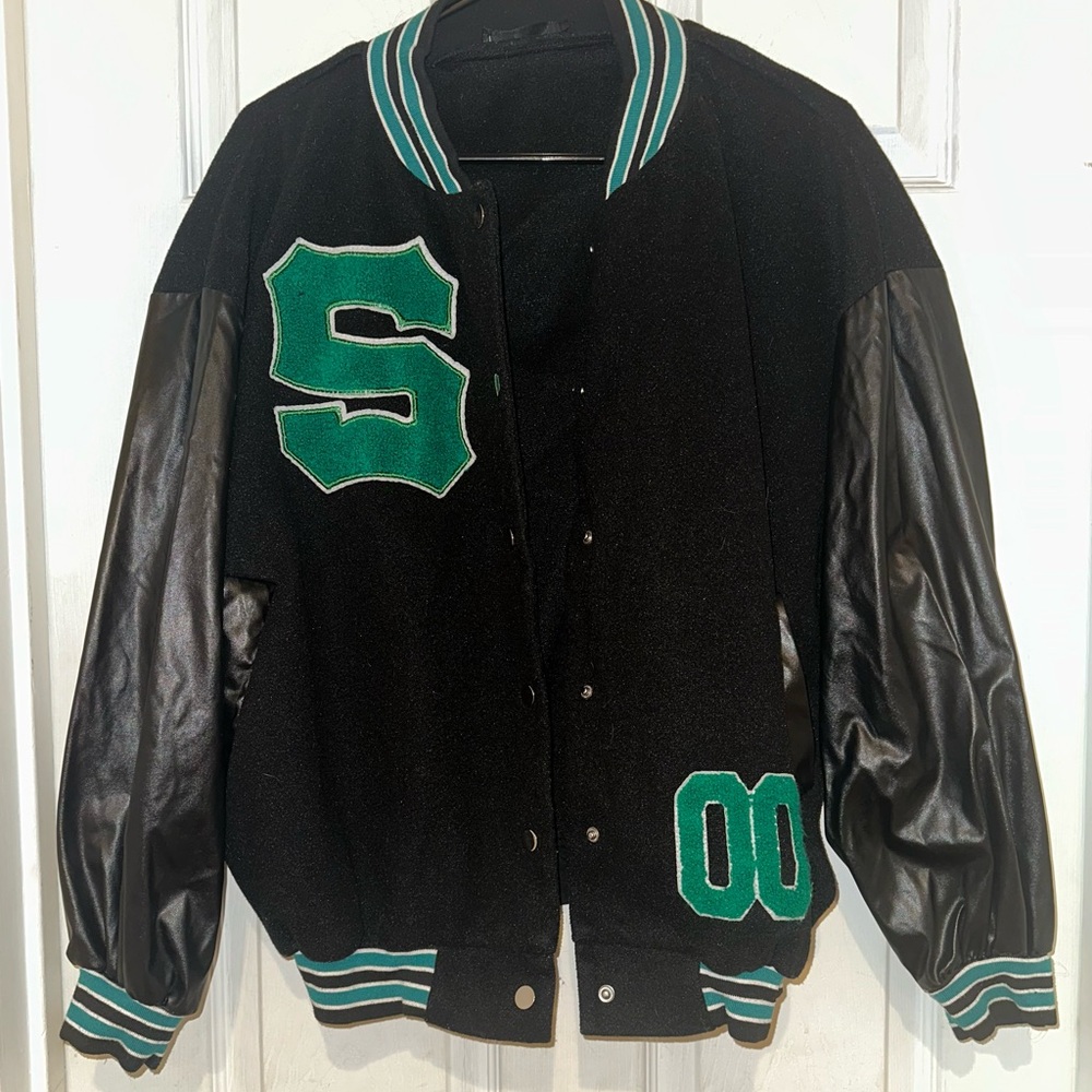 Black & Green Varsity Jacket - Men's Classic Letterman Coat Size M
